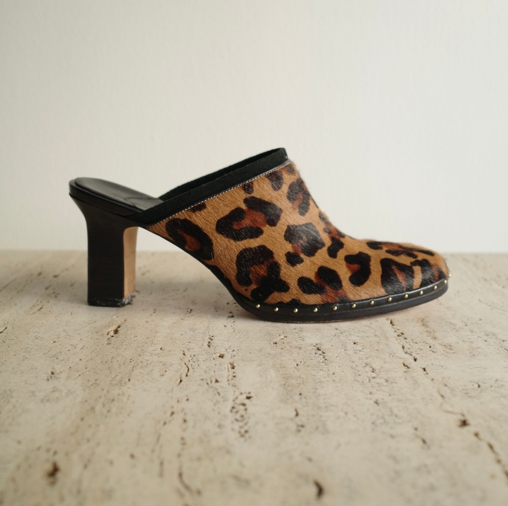 Vintage Cole Haan Annette Leopard Print  Slip-On Mules in Brown & Black Sz 8.5B
